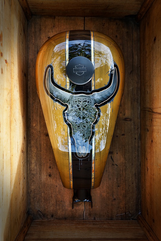 Réservoir Harley Davidson motif taureau vue dessus