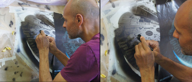 L'artiste en train de peindre à l'aérographe le Millennium Falcon Star Wars